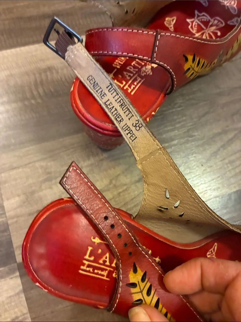 L'Artiste Red Leather Slingback Wedge Sandals With Floral  Details- Size 7.5
